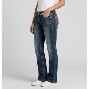 Miss Me Signature Rise Bootcut Jeans 28 Dark Wash Red Stitching Embellished Y2K